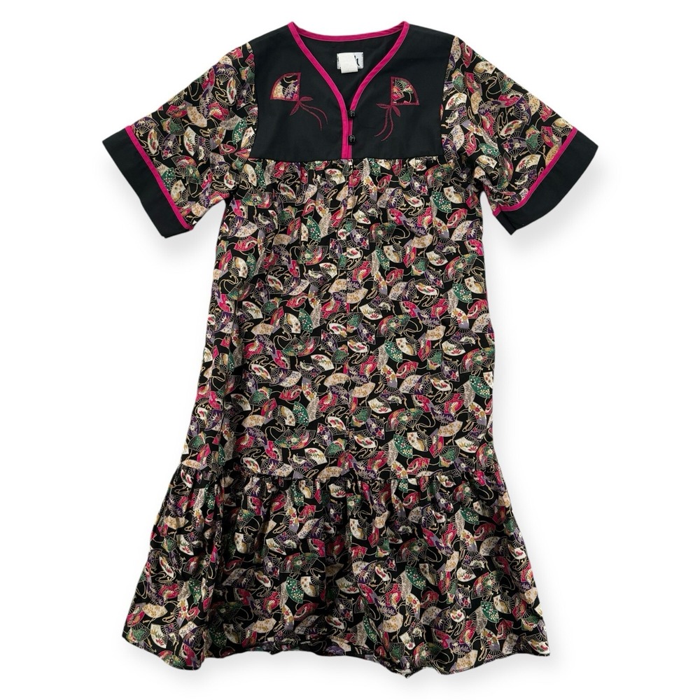Vintage RM Muumuu Dress Womens Petite Hawaiian Embroidered Fans Knee Ruffle‎